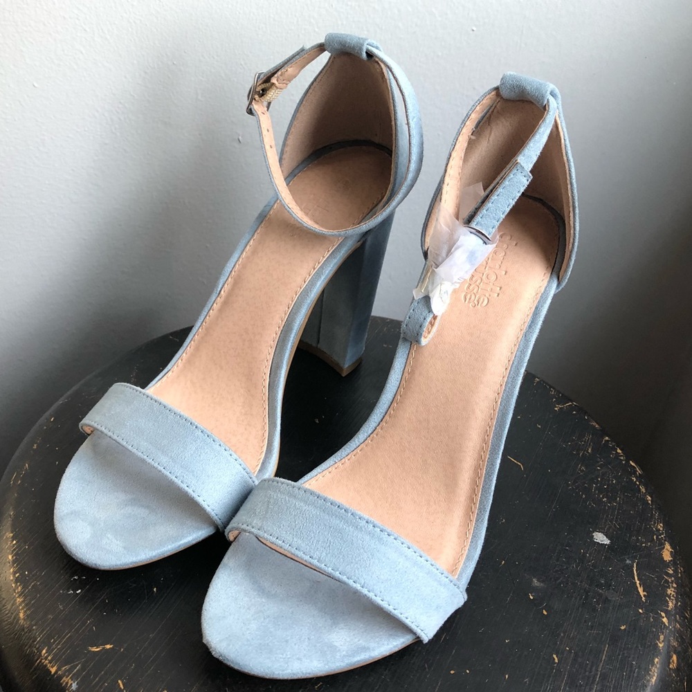 New baby blue ankle strap heels